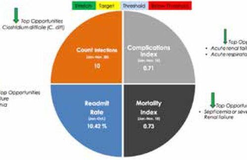 Pie chart showing healthcare quality metrics: complications index, mortality index, readmission rate, and colon infections.