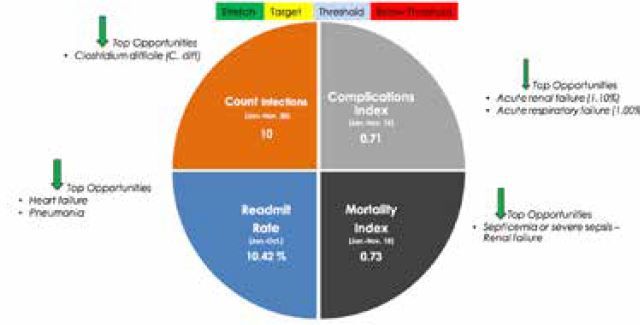 Pie chart showing healthcare quality metrics: complications index, mortality index, readmission rate, and colon infections.