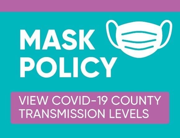 Mask policy banner with face mask icon and COVID-19 transmission levels button