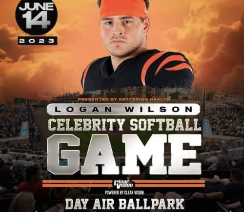 Logan Wilson Celebrity Softball Game promotional poster featuring footballer in Cincinnati Bengals uniform