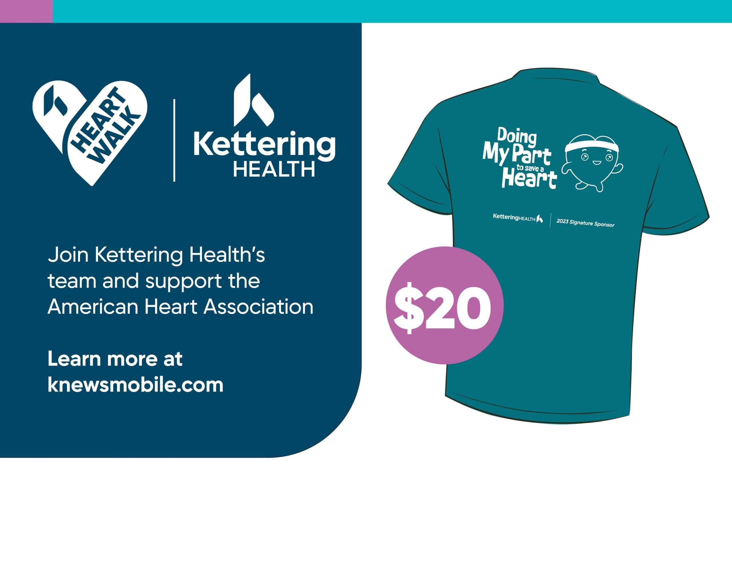 Kettering Health Heart Walk promotional image featuring $20 t-shirt and team information