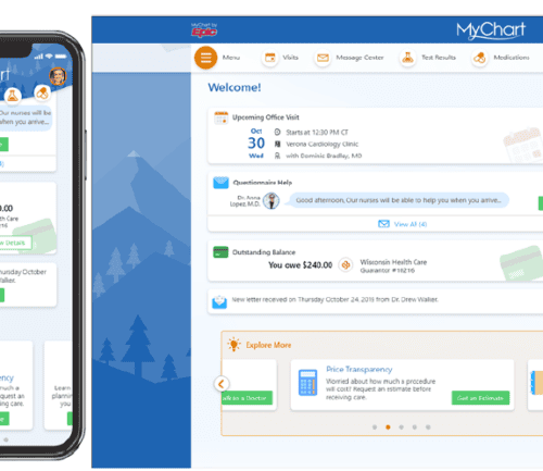 MyChart patient portal interface showing mobile app and desktop versions with appointment scheduling