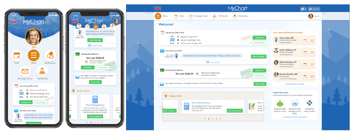 MyChart patient portal interface showing mobile app and desktop versions with appointment scheduling