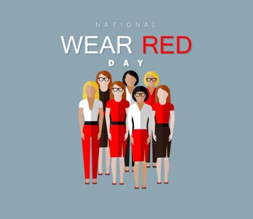 Group of diverse women wearing red clothing to promote National Wear Red Day awareness.