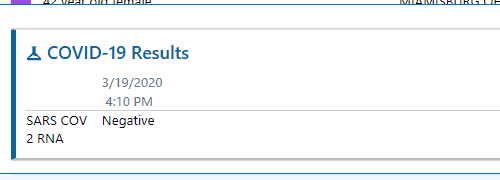 COVID-19 test results showing negative SARS COV 2 RNA from March 2020