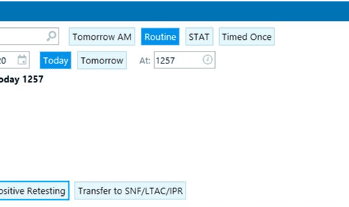 SARS-CoV-2 PCR screening interface showing routine scheduling and specimen collection options.