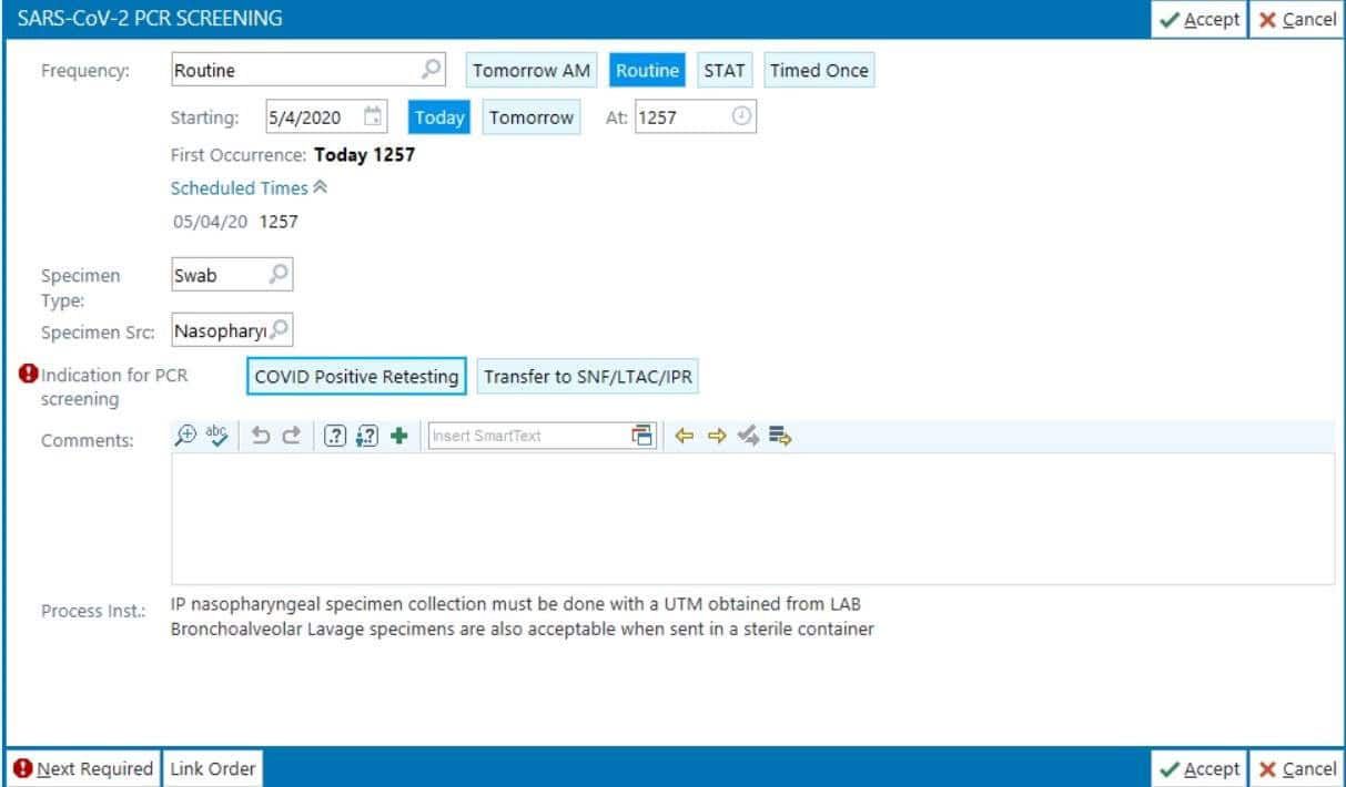 Healthcare software interface for scheduling SARS-CoV-2 PCR screening with patient information fields
