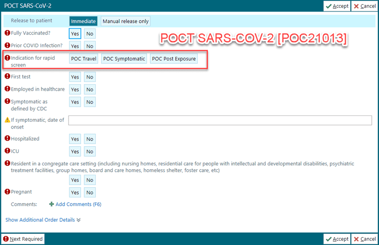 Electronic health record form for POCT SARS-CoV-2 testing with patient screening questions