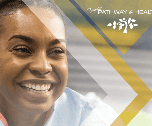 Smiling woman outdoors with "Your Pathway to Health" branding and decorative arrows