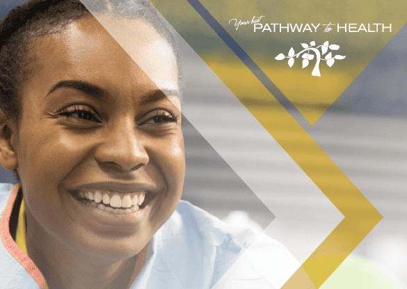Smiling woman outdoors with "Your Pathway to Health" branding and decorative arrows