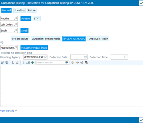 SARS-CoV-2 PCR outpatient testing order form interface with specimen and collection details