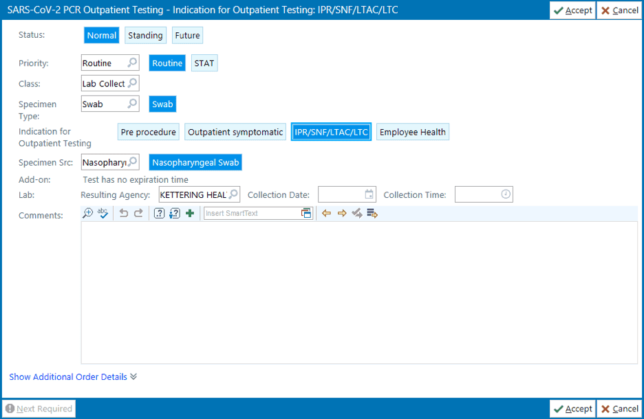 SARS-CoV-2 PCR outpatient testing order form interface with specimen and collection details