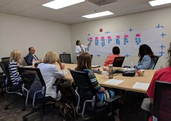 Healthcare team meeting with staff seated around conference table discussing patient care.