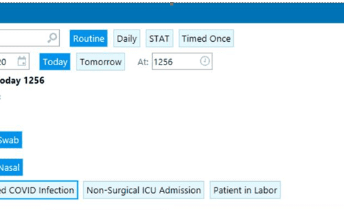 SARS-CoV-2 rapid test scheduling interface showing frequency, specimen type, and indication options.
