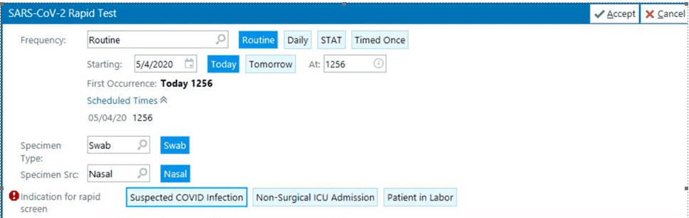 SARS-CoV-2 rapid test scheduling interface showing frequency, specimen type, and indication options.
