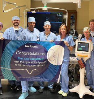 Heart and vascular team after completing first renal denervation for high blood pressure, hypertension