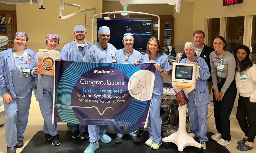 Heart and vascular team after completing first renal denervation for high blood pressure, hypertension