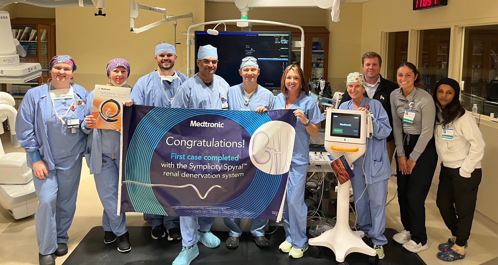 Heart and vascular team after completing first renal denervation for high blood pressure, hypertension