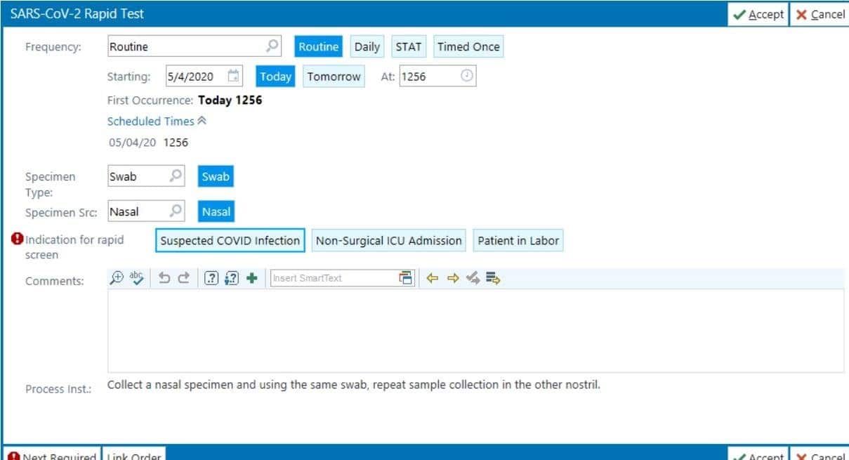 Healthcare system interface for scheduling SARS-CoV-2 rapid test with specimen collection details