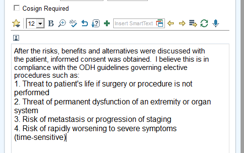 Medical documentation interface showing informed consent requirements for elective procedures