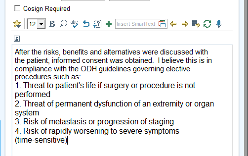 Medical documentation interface showing informed consent requirements for elective procedures