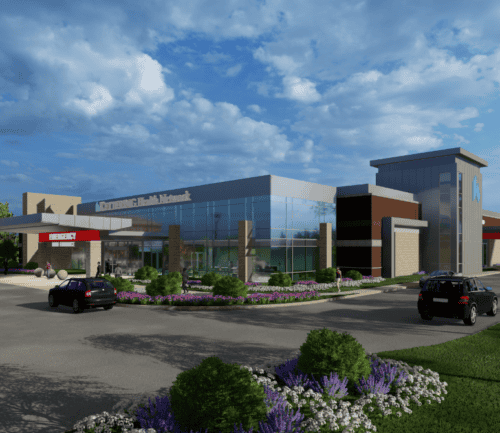 Modern Kettering Health Springfield medical facility with emergency entrance and landscaped parking area