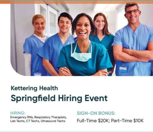 Healthcare professionals in scrubs smiling together at Kettering Health Springfield hiring event