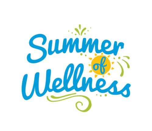 Summer of Wellness logo with blue script text, yellow sun, and green decorative elements
