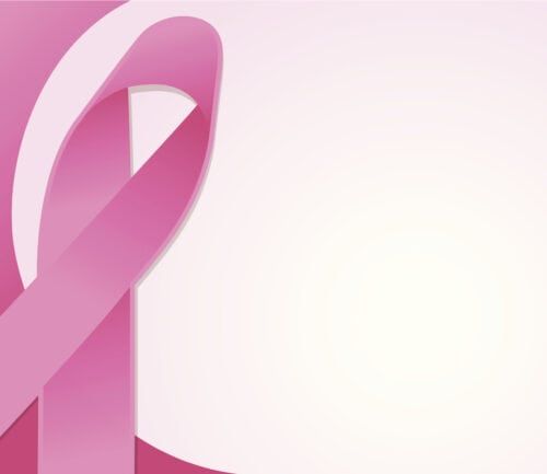 Pink breast cancer awareness ribbon on gradient pink background