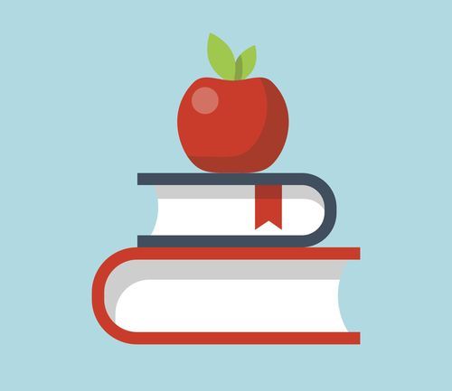Red apple sitting on top of stacked books with bookmark ribbon