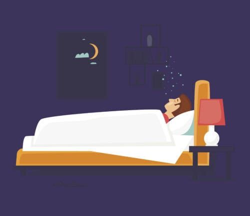 Man sleeping peacefully in bed at night with moon visible through window.