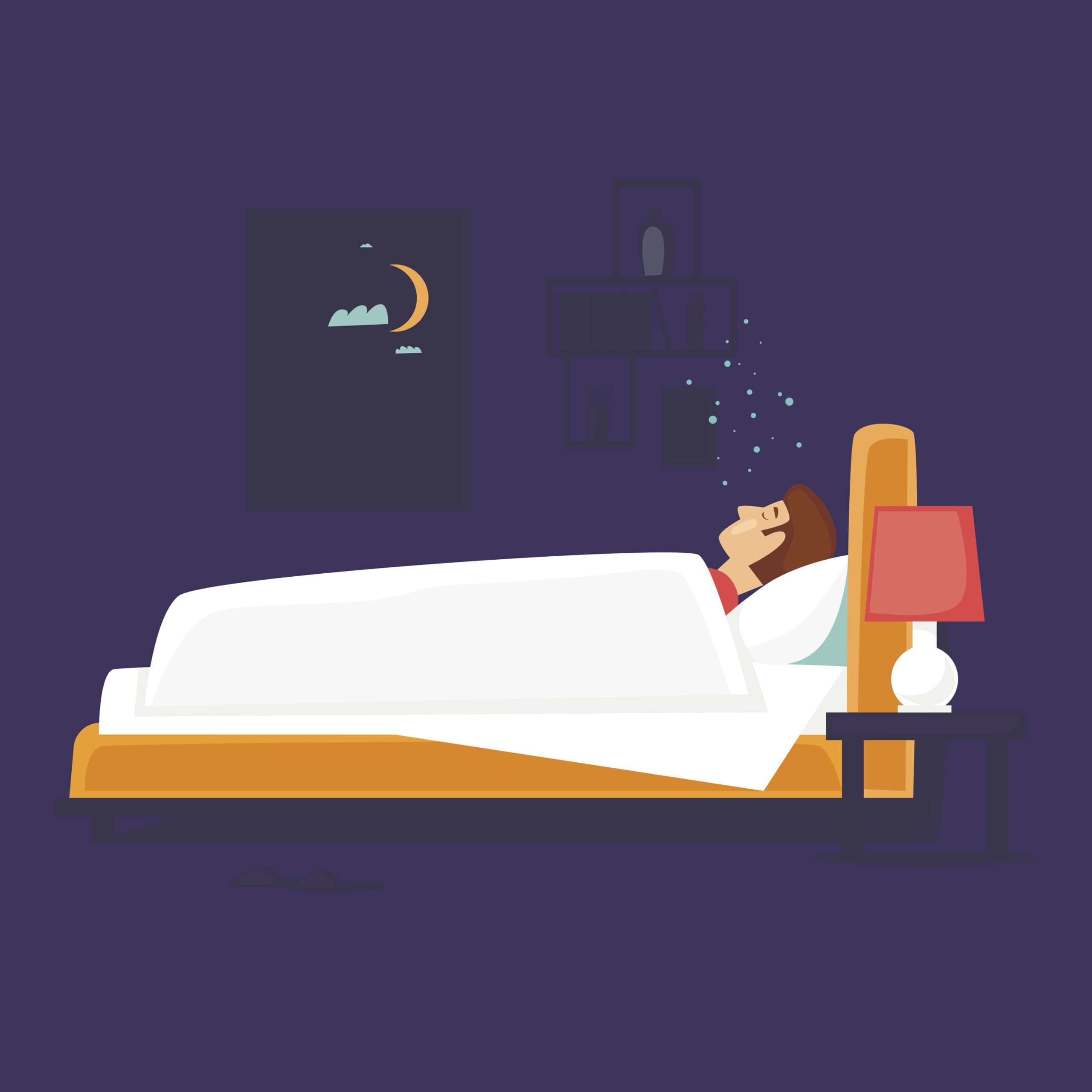 Man sleeping peacefully in bed at night with moon visible through window.