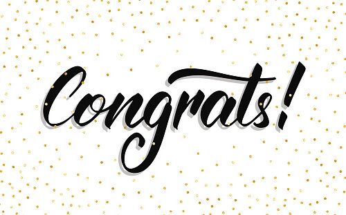 Congratulations message in black script lettering on white background with gold confetti dots