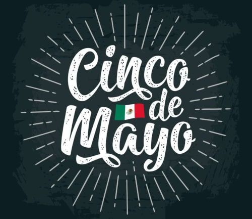 Cinco de Mayo lettering with Mexican flag and radiating lines on dark background
