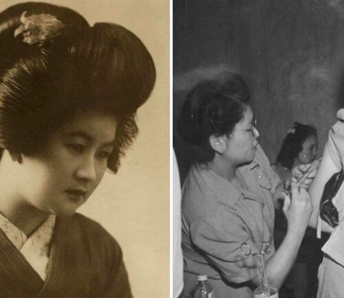 Historical photos showing Japanese woman in traditional dress and medical care scene