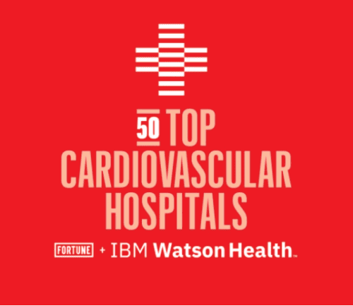 Fortune and IBM Watson Health's 50 Top Cardiovascular Hospitals award logo on red background