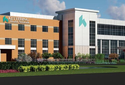 Architectural rendering of Kettering Health Network Troy hospital facility with ambulance entrance