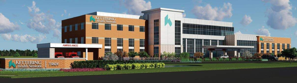 Architectural rendering of Kettering Health Network Troy hospital facility with ambulance entrance