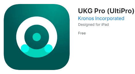 UKG Pro mobile app icon with circular green logo and app store listing