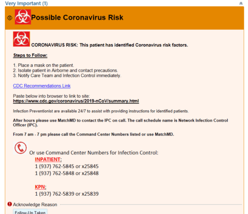 Coronavirus risk alert with safety protocols and infection control contact numbers