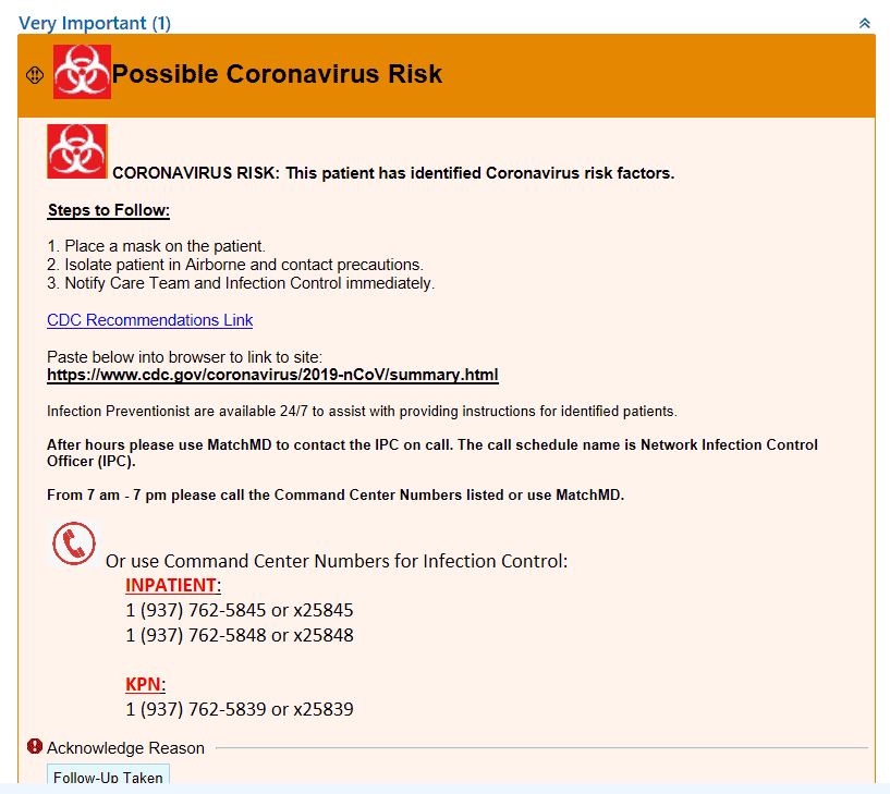 Coronavirus risk alert with safety protocols and infection control contact numbers