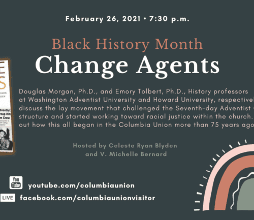 Black History Month event poster for "Change Agents" virtual discussion February 26, 2021
