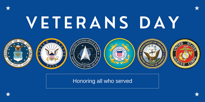 Veterans Day graphic with six military branch seals honoring all who served