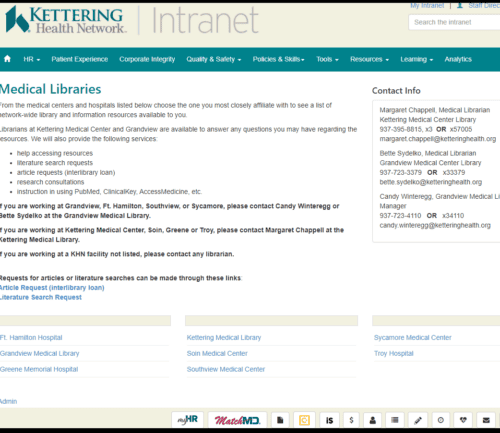 Kettering Health Medical Libraries webpage showing contact information and facility locations