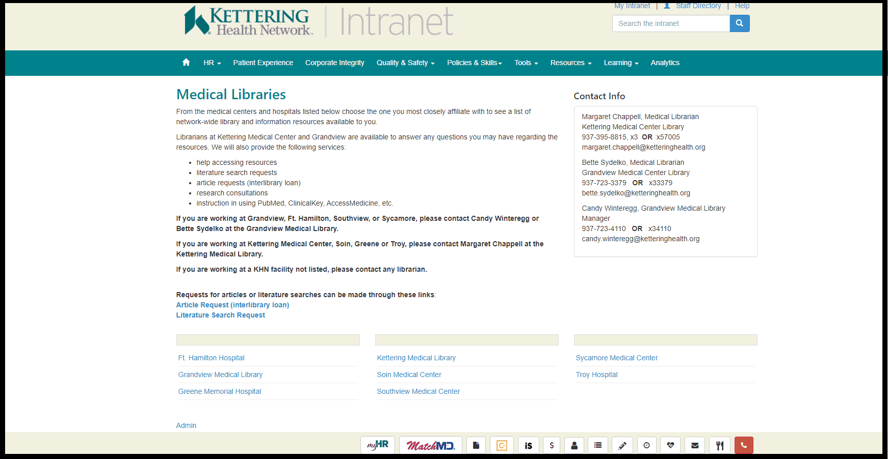 Kettering Health Medical Libraries webpage showing contact information and facility locations