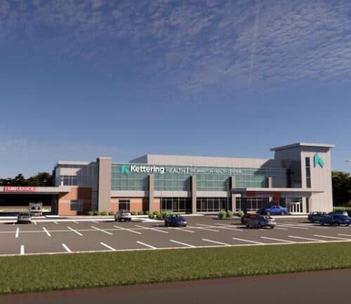 Kettering Health Wilmington medical center exterior with parking lot and blue sky
