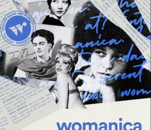 Collage of vintage black and white photos featuring women with "Womanica" podcast branding