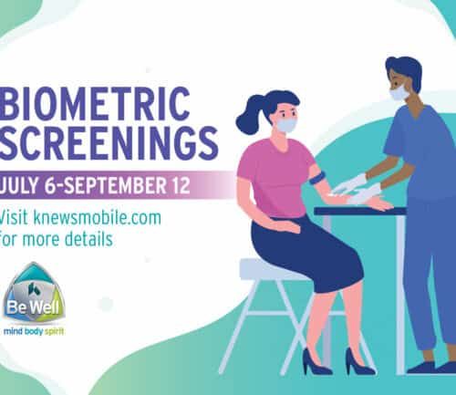 Healthcare worker performing biometric screening on masked patient, promotional graphic for July-September screenings