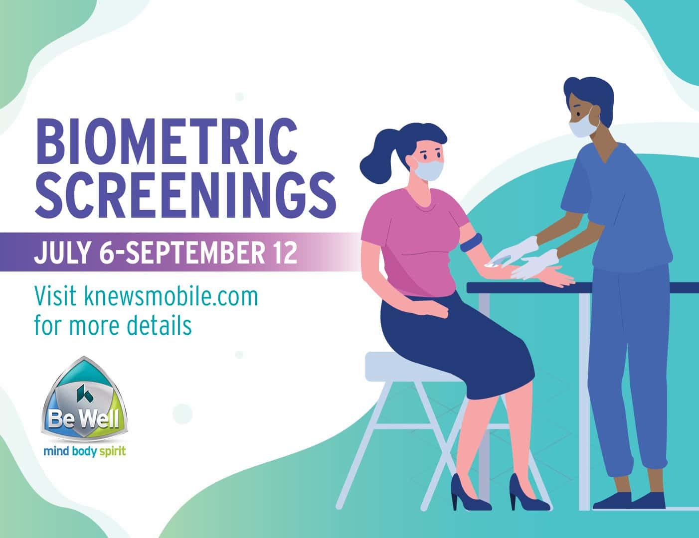 Healthcare worker performing biometric screening on masked patient, promotional graphic for July-September screenings