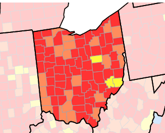 Map showing Ohio counties color-coded by disease transmission levels, mostly red indicating high transmission.
